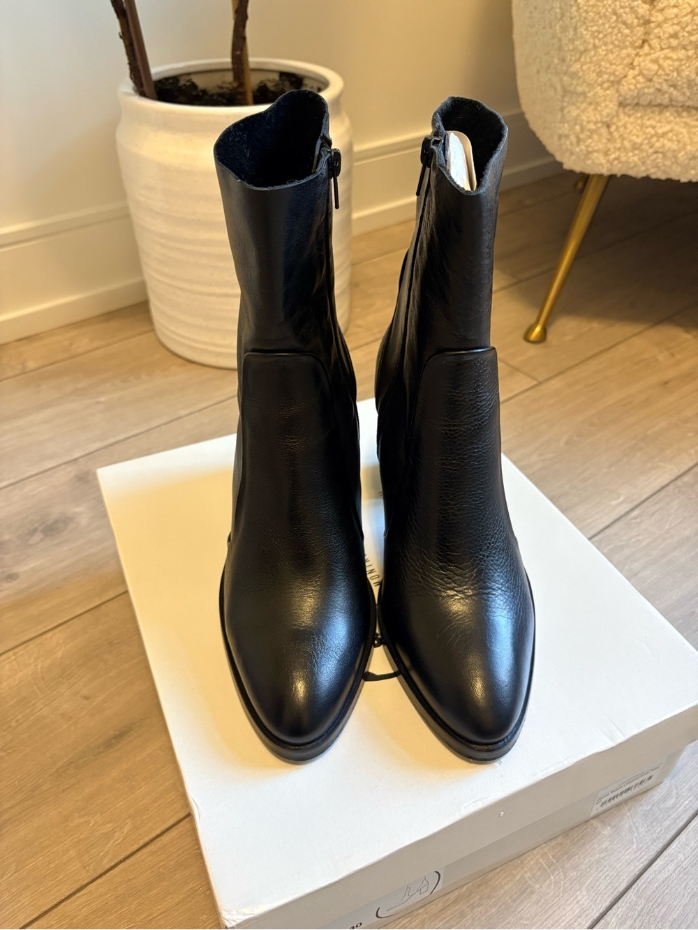 L'INTERVALLE Black Leather High Block Heel Ankle Boots - Picture 3 of 5